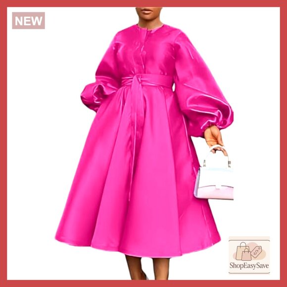 Satin Maxi Dress Long Sleeve A-Line Flowy Elegant Semi Formal with Pockets - Picture 2 of 5